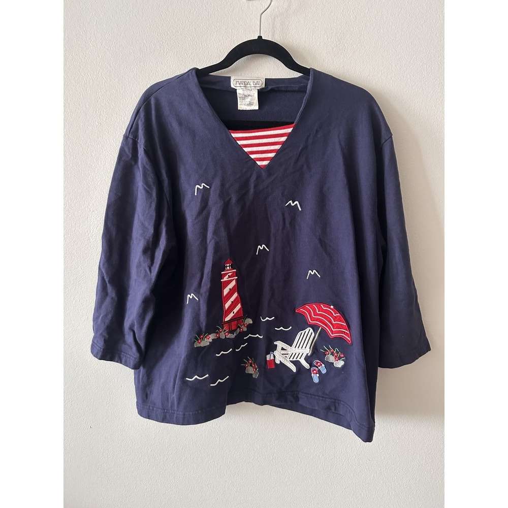 Vintage Mandal Bay Embroidered Nautical Beach Scene Sweatshirt Top Vacation XXL